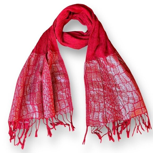 Womens Scarf Burgundy Wool Blend Metallic Reptile Print Boho Fringe Ovesized - Picture 1 of 7